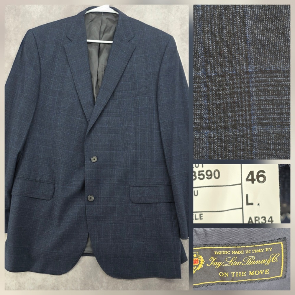 Cremieux‎ Performance Loro Piana Mens Wool Blazer 46L 40 Navy Plaid Sport Coat